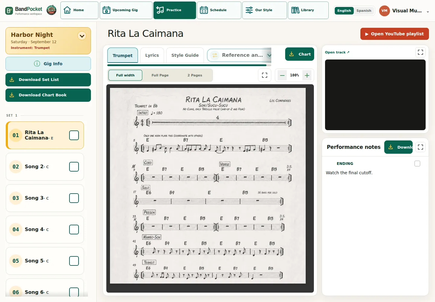 BandPocket Practice with the set list, Rita La Caimana trumpet chart, tracks, and performance notes